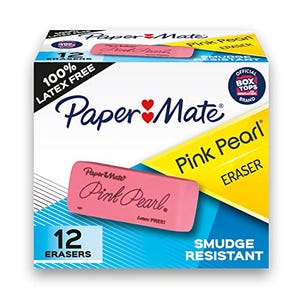 A box of 12 Pink Pearl erasers by Paper-Mate, advertised as 100% latex-free and smudge resistant.