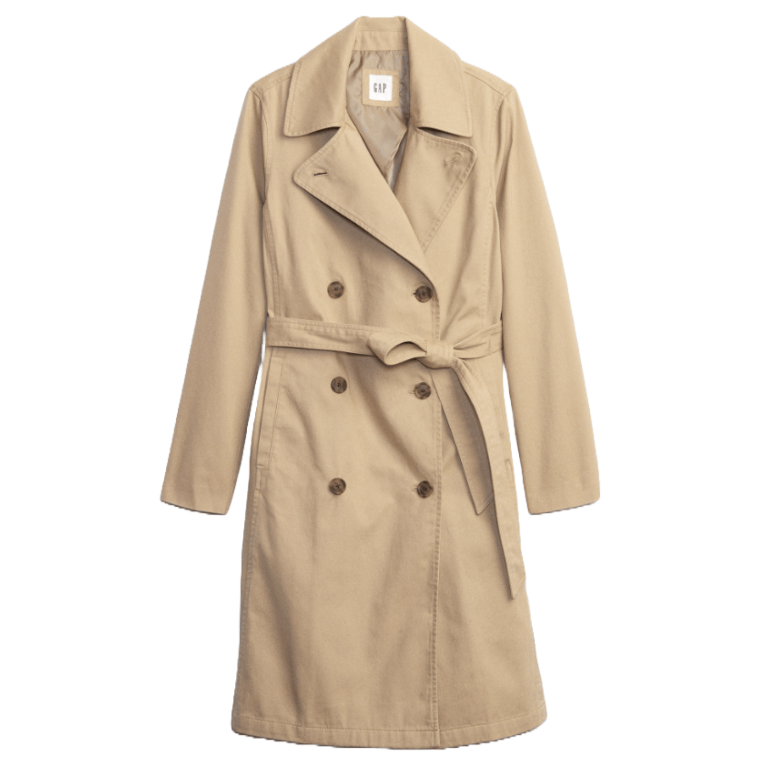 A beige double-breasted trench coat with a classic collar, belted waist, and button details. It has a knee-length cut, long sleeves, and side pockets.