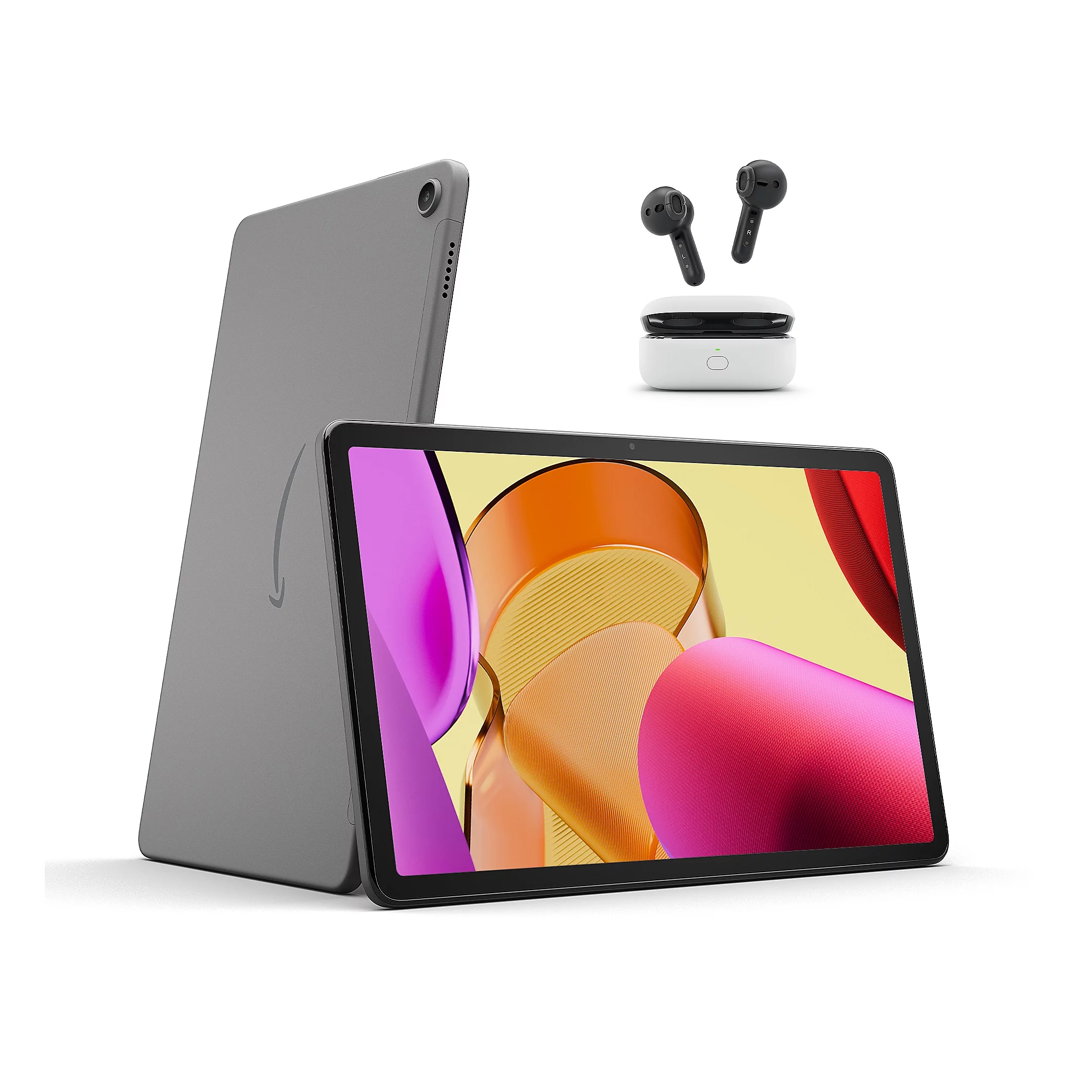 A tablet with a stand and a pair of wireless earbuds with their charging case.