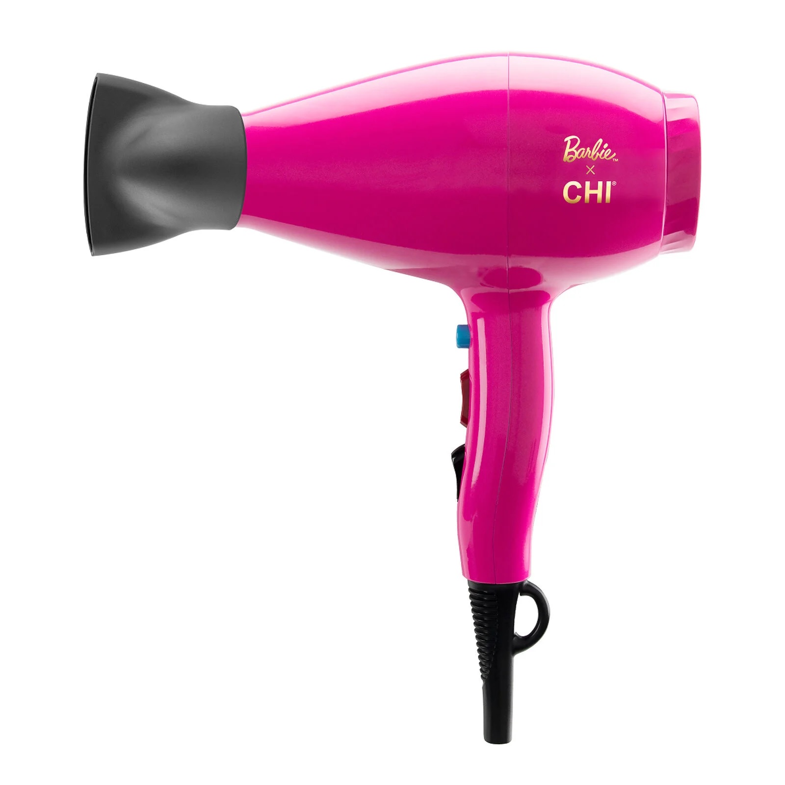 A bright pink hairdryer marked with \“Barbie x CHI\“ branding, featuring a black nozzle and handle accents.