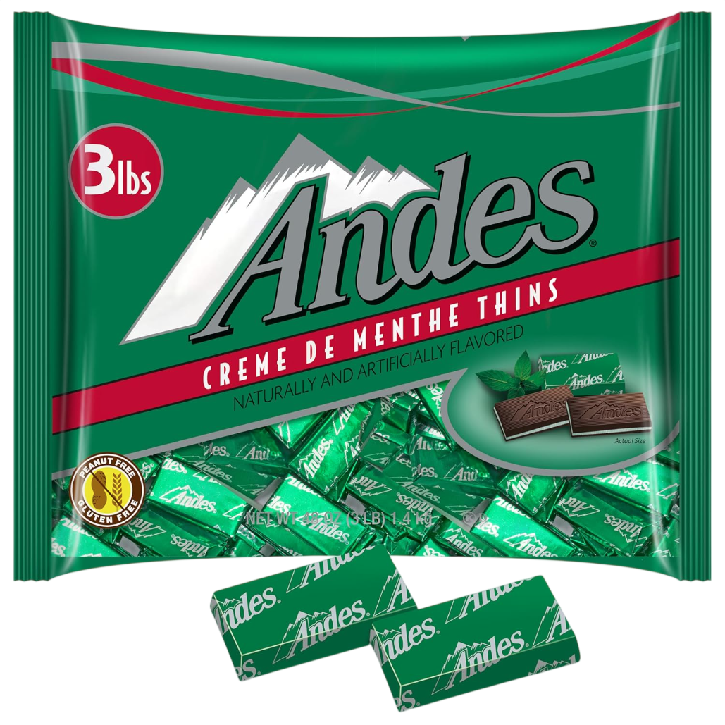 Andes Creme de Menthe Thins, 3 lbs bag, naturally and artificially flavored, peanut and gluten-free.