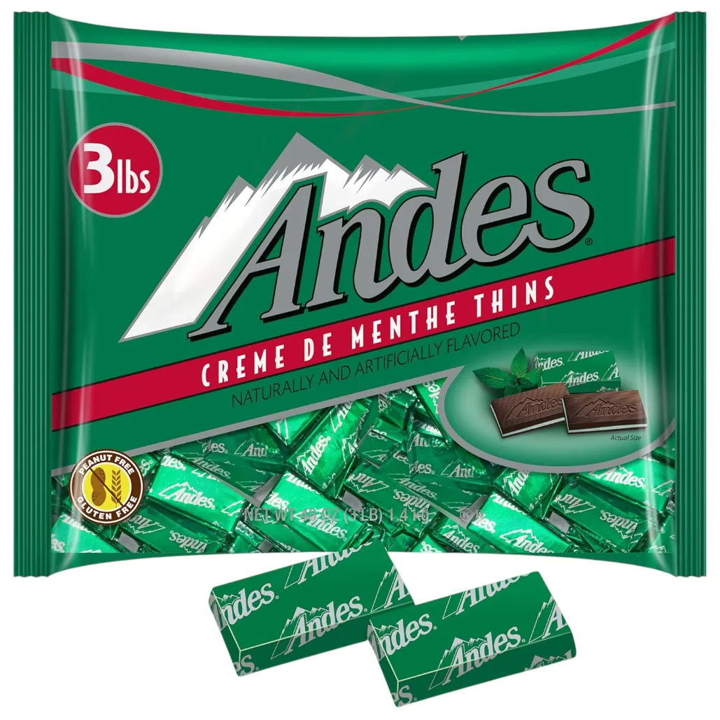 Andes Creme de Menthe Thins, 3 lbs bag, naturally and artificially flavored, peanut and gluten-free.