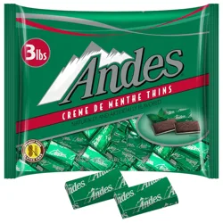 Andes Creme de Menthe Thins, 3 lbs bag, naturally and artificially flavored, peanut and gluten-free.
