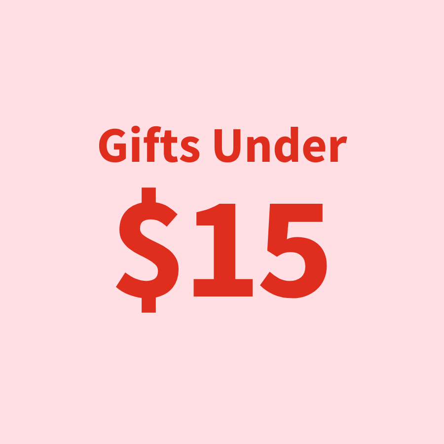 Gifts under $15 sign in red text on a pink background.