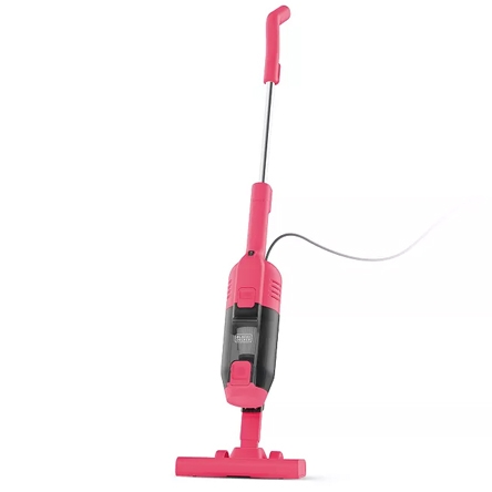 A pink, corded upright vacuum cleaner with a slim design and a rectangular base for cleaning floors.