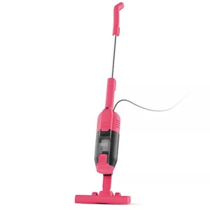 A pink, corded upright vacuum cleaner with a slim design and a rectangular base for cleaning floors.
