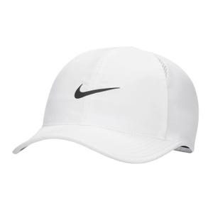 A white baseball cap featuring a black Nike swoosh logo on the front, designed with a curved brim and lightweight fabric.