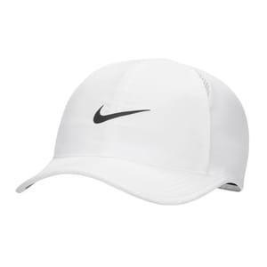 A white baseball cap featuring a black Nike swoosh logo on the front, designed with a curved brim and lightweight fabric.
