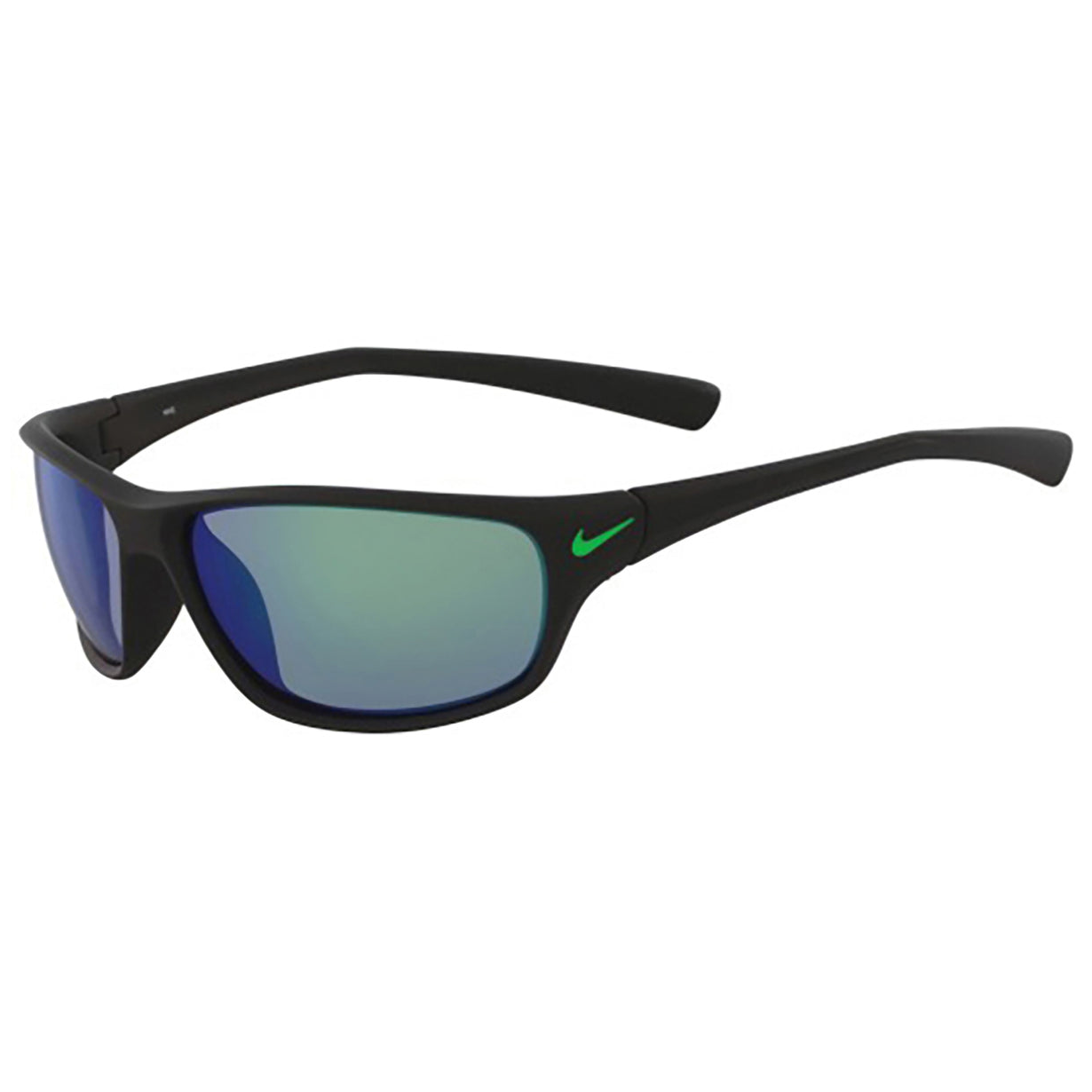 Black sunglasses with blue-green mirrored lenses and a small green Nike logo on the side.