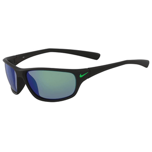 Black sunglasses with blue-green mirrored lenses and a small green Nike logo on the side.