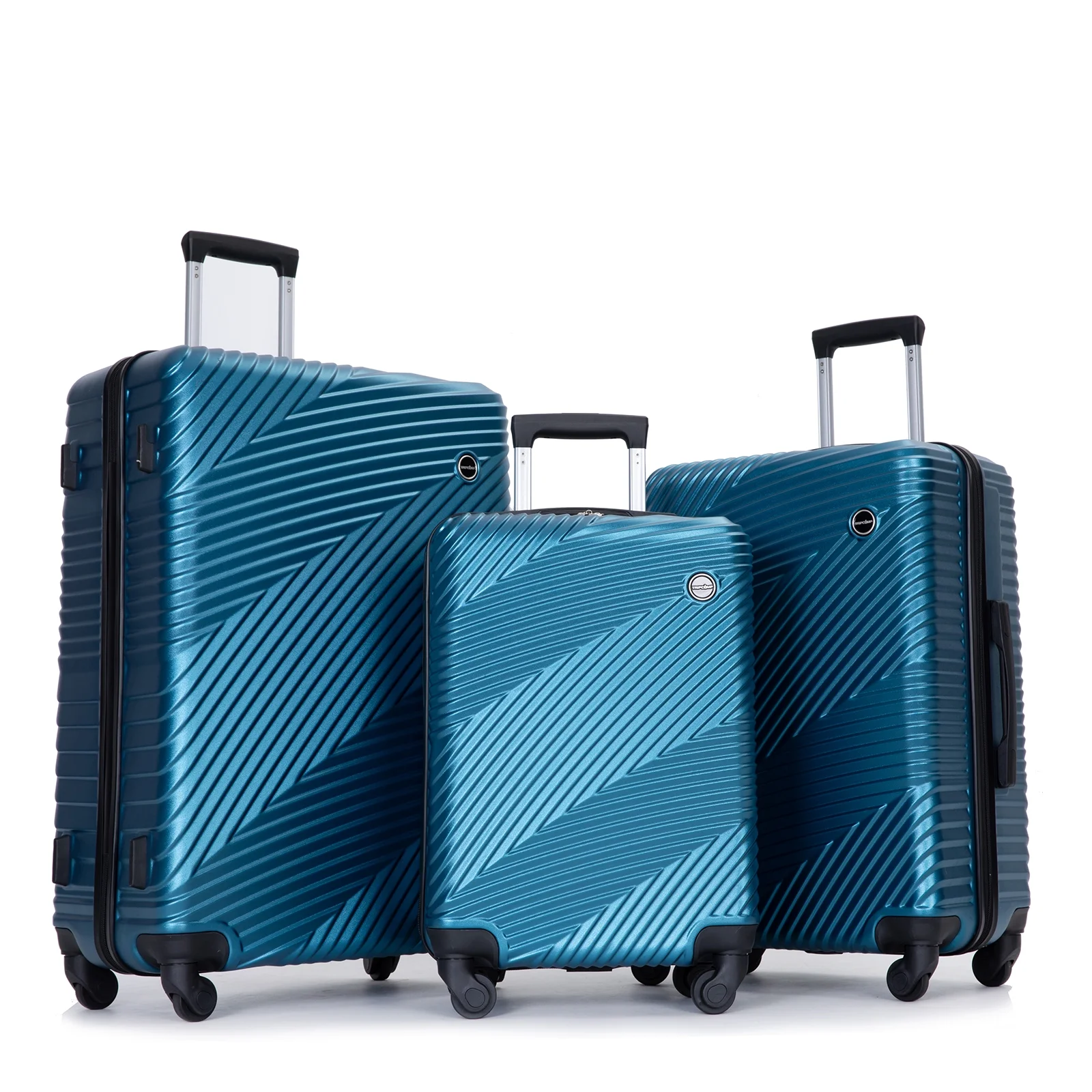 Two blue hard-shell suitcases with telescoping handles and multidirectional wheels.