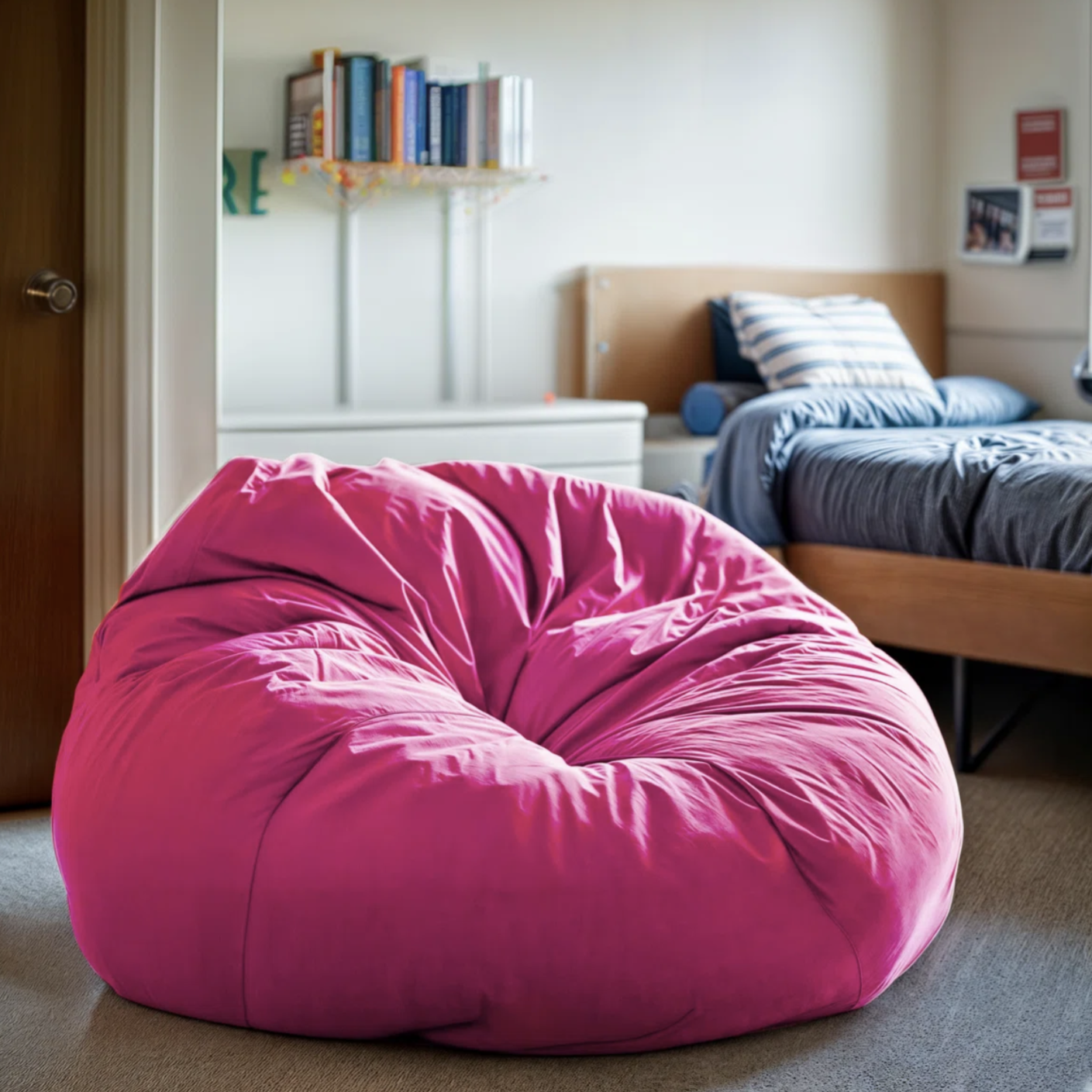 A large pink bean bag chair is situated in a cozy room with a bed and a bookshelf in the background.