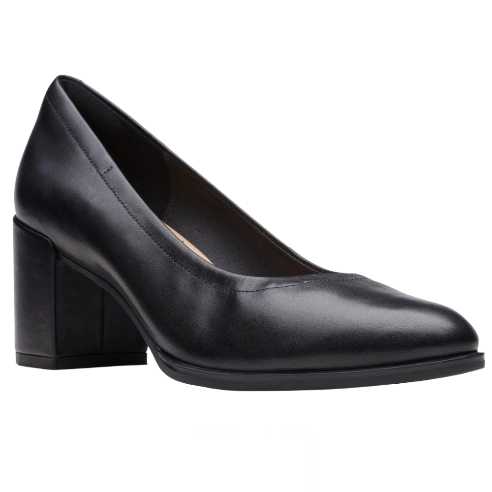 Black leather block heel pump with a rounded toe design.