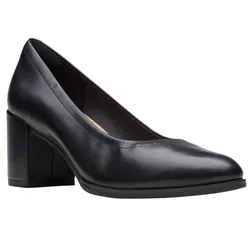 Black leather block heel pump with a rounded toe design.