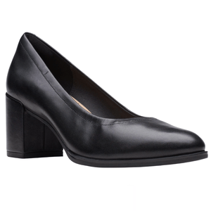 Black leather block heel pump with a rounded toe design.