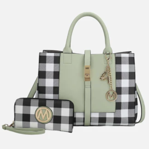 A green handle bag with a black-and-white checkered pattern and gold accents is paired with a matching wallet.