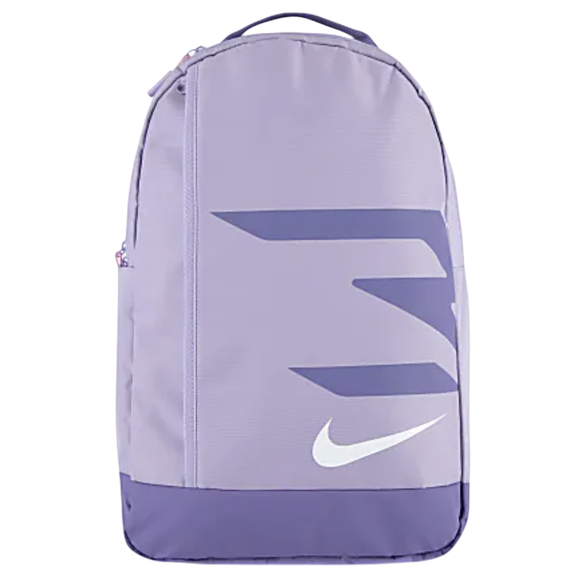 A lavender Nike backpack featuring a bold geometric design and the Nike swoosh logo, with a handle and zipped main compartment.