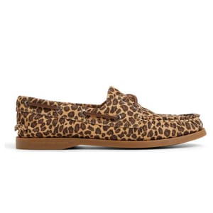 Leopard print boat shoe with brown accents and a tan rubber sole.