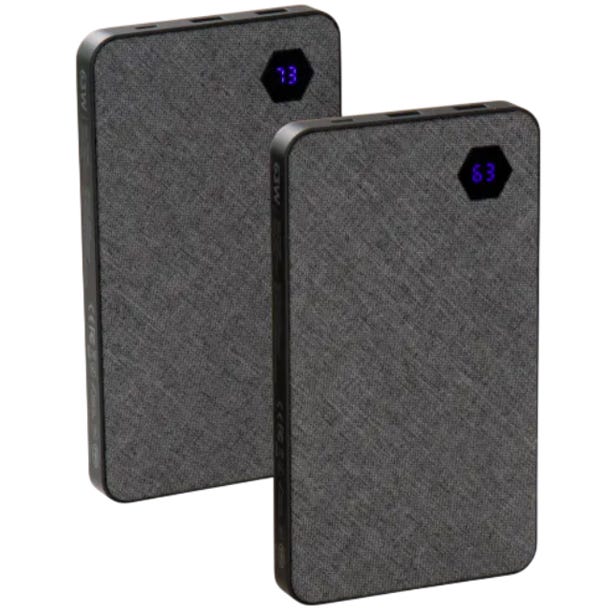 Two gray portable power banks with digital displays showing charge levels of 73 and 63.
