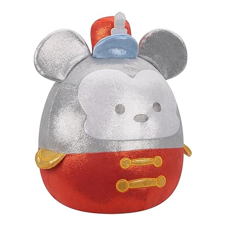 A plush toy designed as a stylized Mickey Mouse, featuring a red lower section, a silver middle section with two yellow buttons, topped with a classic Mickey ear silhouette and a blue hat.