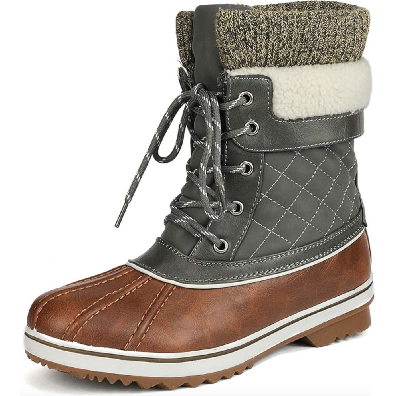 Women's winter boots featuring a quilted gray upper with lace-up closure, brown leather-like lower, white shearling collar, ribbed knit detail, and rugged outsole for traction.