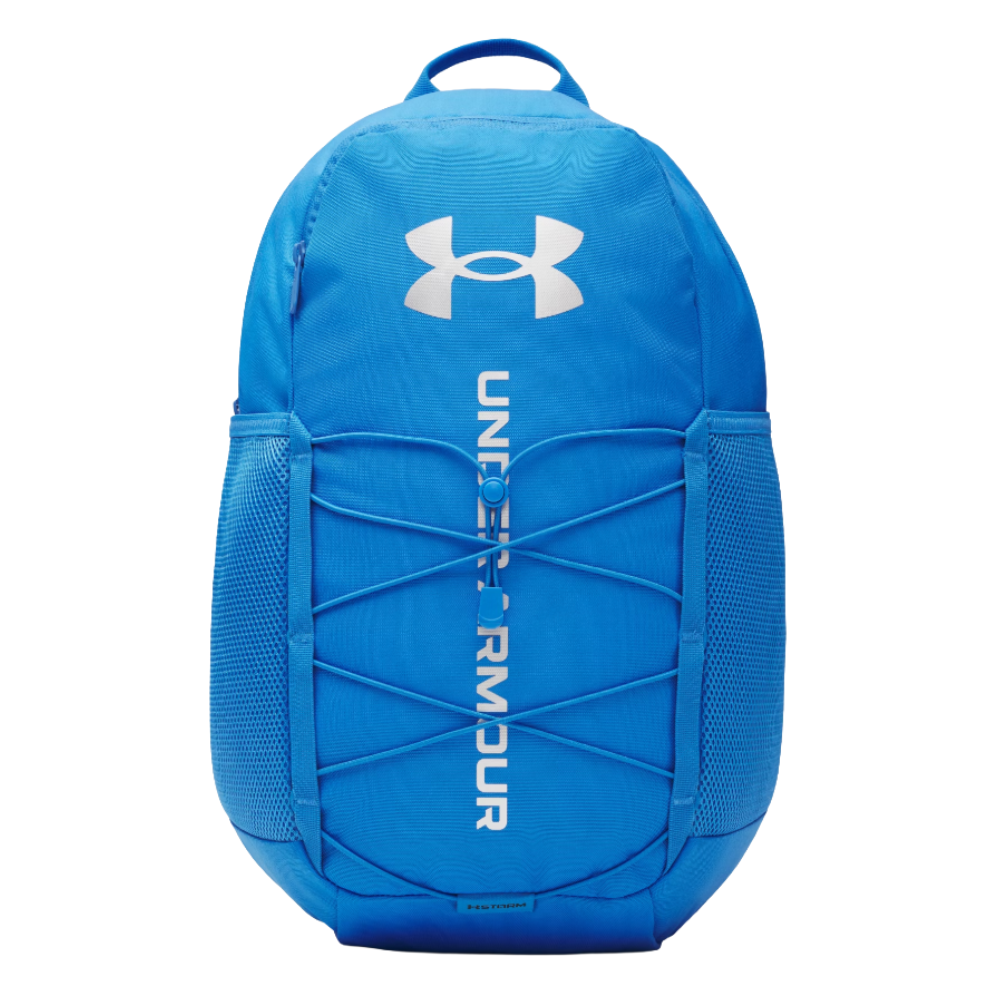 A blue Under Armour backpack with white logo and lettering, featuring front bungee straps and side mesh pockets.