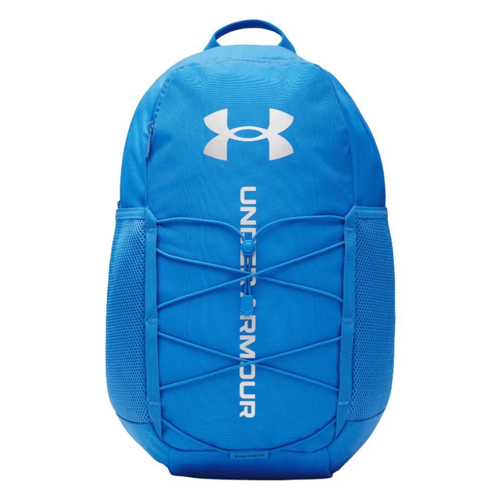 A blue Under Armour backpack with white logo and lettering, featuring front bungee straps and side mesh pockets.