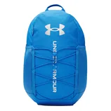 A blue Under Armour backpack with white logo and lettering, featuring front bungee straps and side mesh pockets.