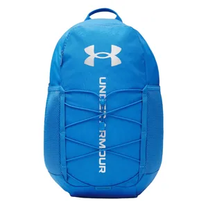 A blue Under Armour backpack with white logo and lettering, featuring front bungee straps and side mesh pockets.