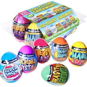 EGG-cellent Experiments kit contains colorful egg-shaped containers for science experiments, including Energy Beads, Magic Ink, Gravity Goo, Amazing Super Snow Powder, Magic Super Bubbles, and Incredible Crystals.