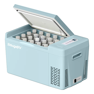 The BougeRV 23-Qt Portable Fridge is a compact, light blue cooler with a lid, visible control panel, and a DC 12 V plug. It contains multiple bottles neatly organized inside.