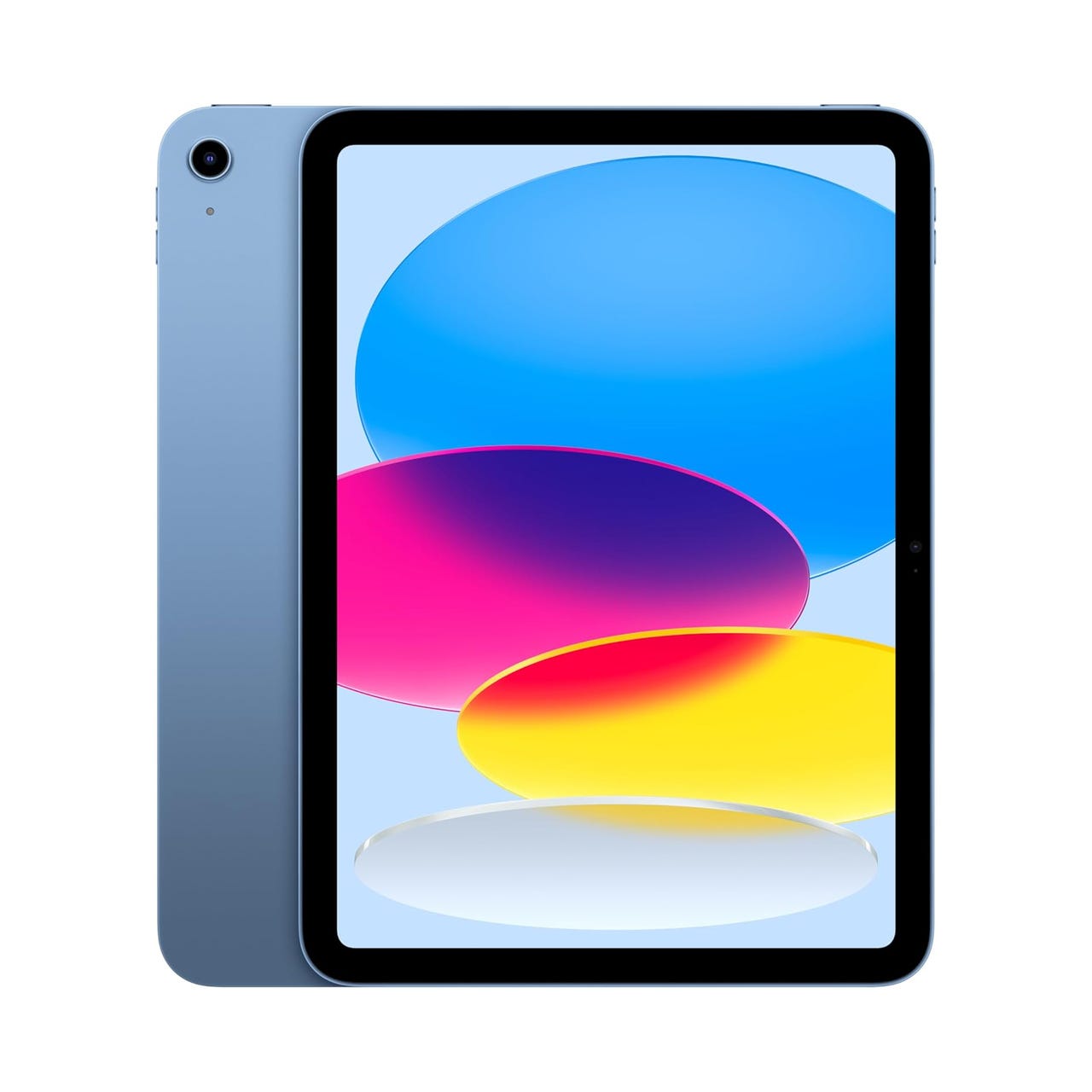 Apple iPad in blue with an 11-inch display, featuring an A16 chip. The screen shows colorful overlapping ovals.