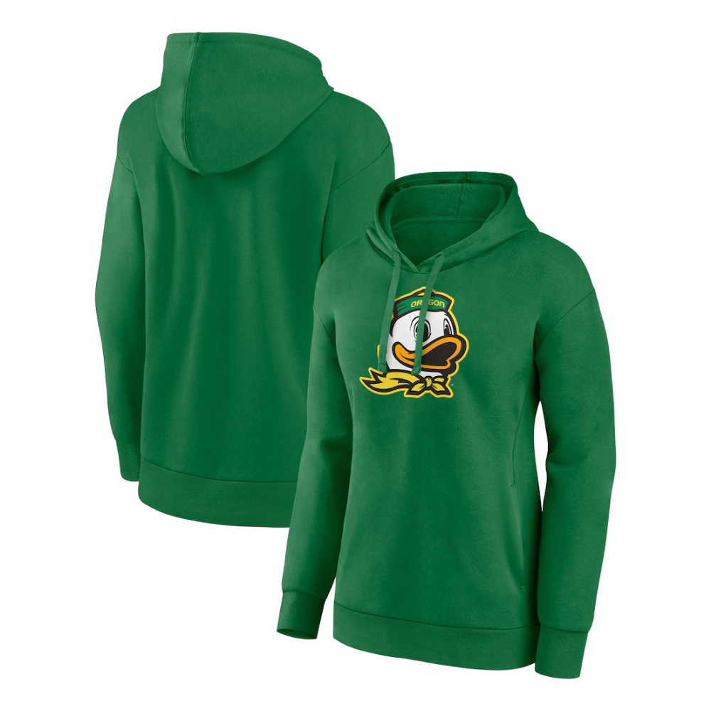 Green hoodie featuring a cartoon duck logo on the front, with a hood and drawstring. The design is simple with a plain back.