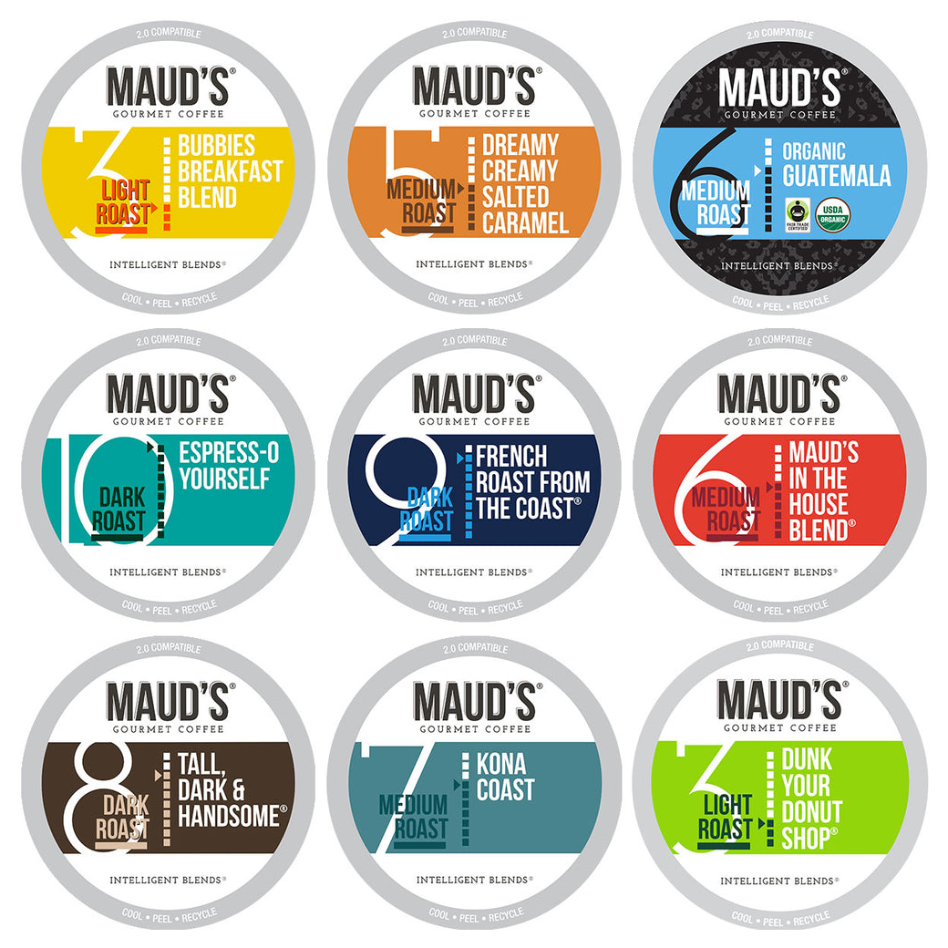 Nine labels for Maud's Gourmet Coffee pods, in various flavors and roasts including light, medium, and dark. Each label specifies the blend name and roast level.