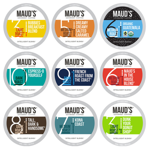 Nine labels for Maud's Gourmet Coffee pods, in various flavors and roasts including light, medium, and dark. Each label specifies the blend name and roast level.