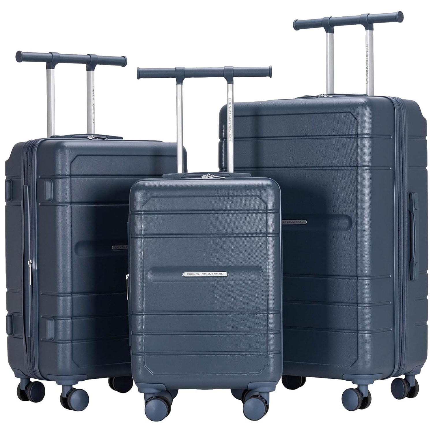 A set of three navy blue hard-shell suitcases with telescopic handles and four-wheel spinners, in varying sizes for travel.