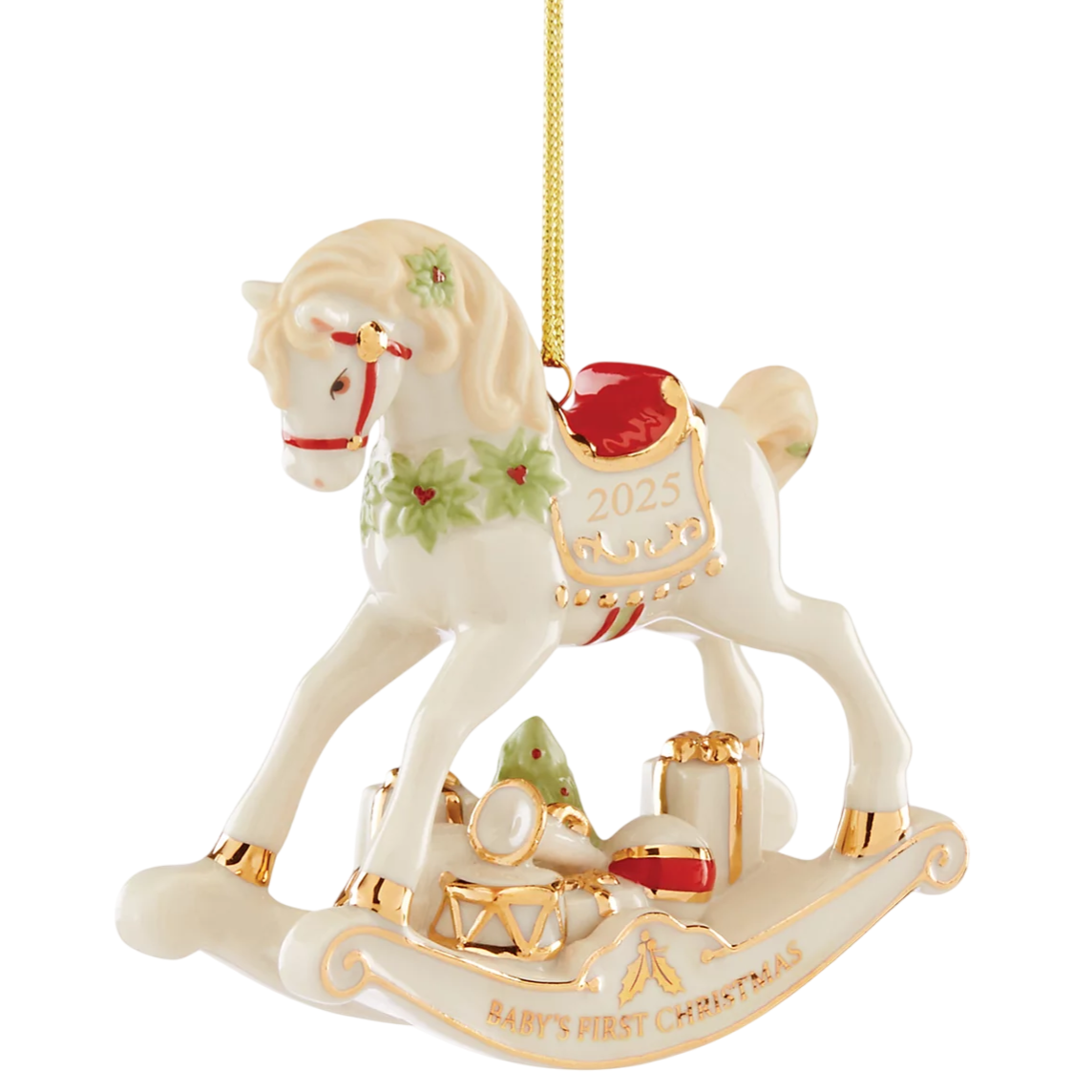 Porcelain rocking horse ornament with gold accents and \“Baby's First Christmas\“ inscription, marked with the year 2025.