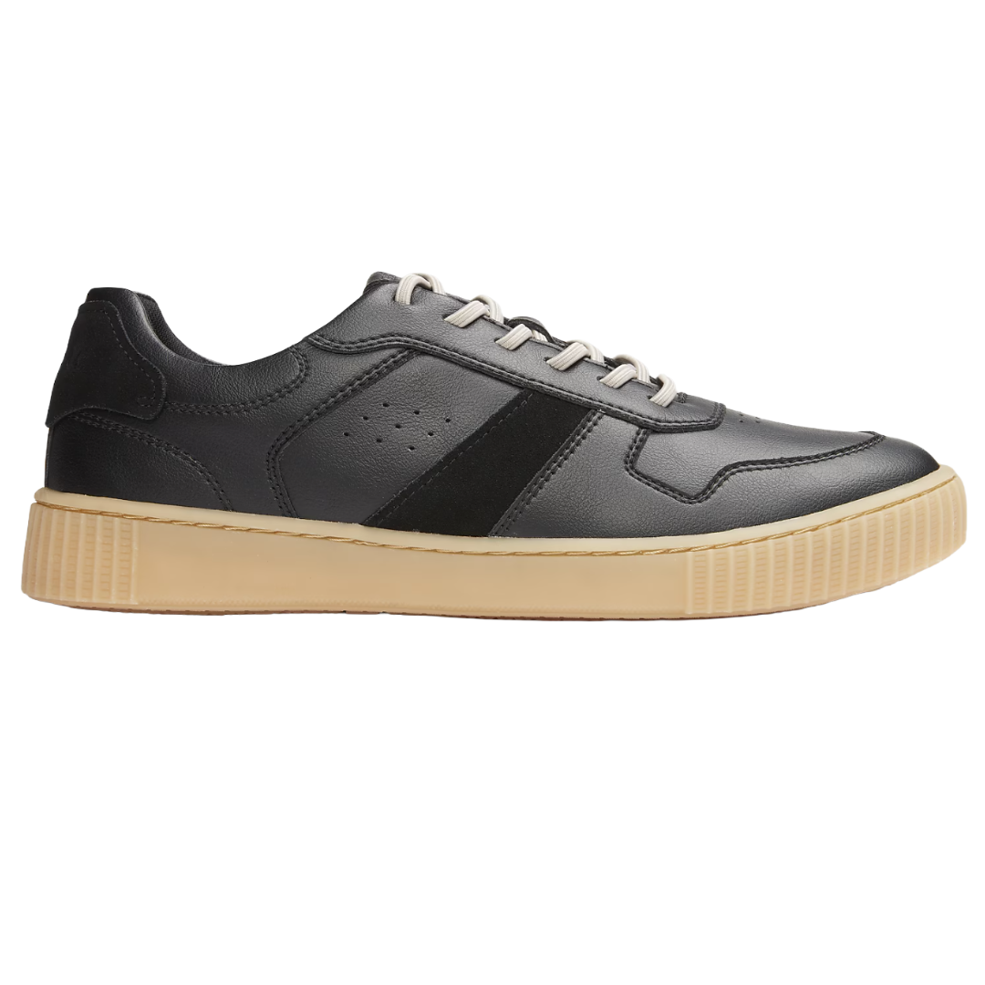 A black leather sneaker with a beige rubber sole, featuring white laces and a subtle black stripe detail on the side.
