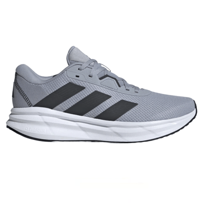 A gray running shoe with black stripes, featuring a Cloudfoam midsole for cushioning.