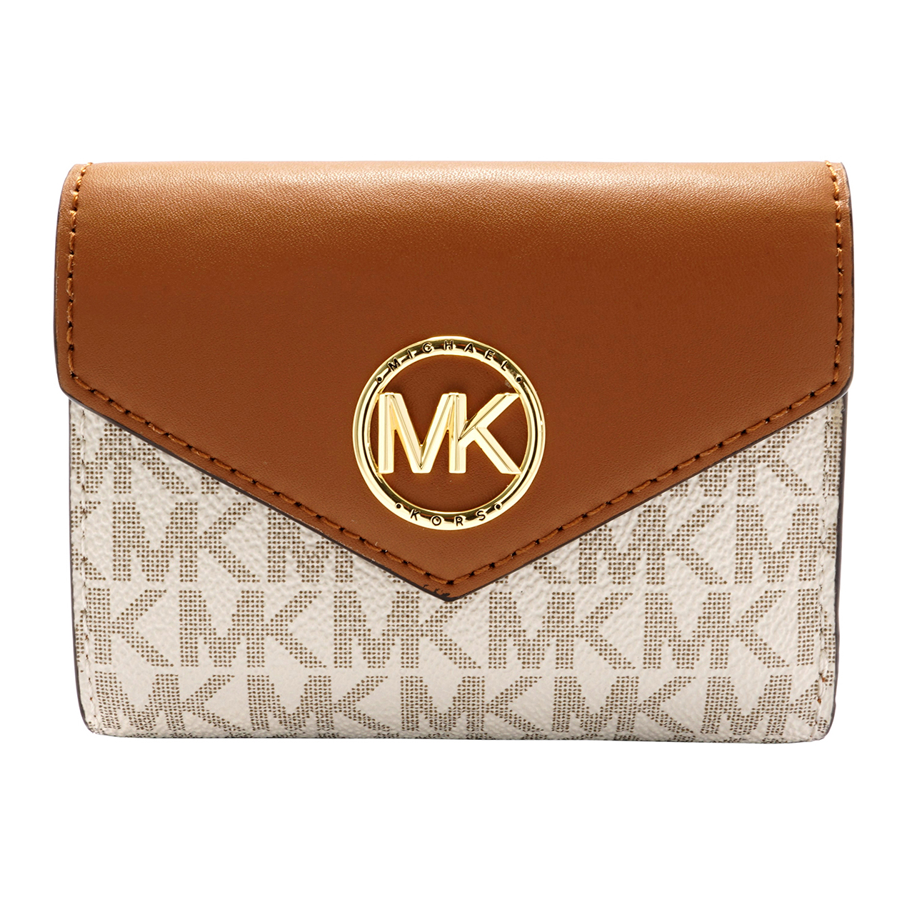 The Michael Kors Tri-Fold Wallet features a brown leather flap with a gold MK logo, and a signature beige canvas with MK monogram pattern.