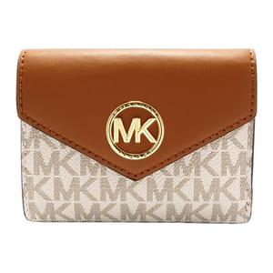 The Michael Kors Tri-Fold Wallet features a brown leather flap with a gold MK logo, and a signature beige canvas with MK monogram pattern.
