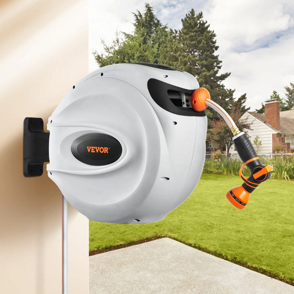 Wall-mounted retractable garden hose reel by Vevor with an orange nozzle, designed for convenient outdoor watering.