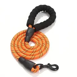 An orange and black dog leash with a padded handle and metal clip, featuring a durable braided design.