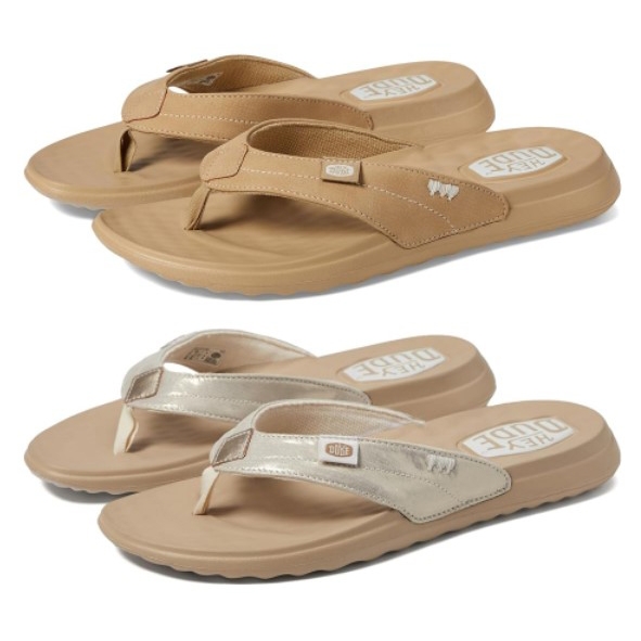 Two pairs of flip-flop sandals, one in a light brown color and another in a metallic shade.