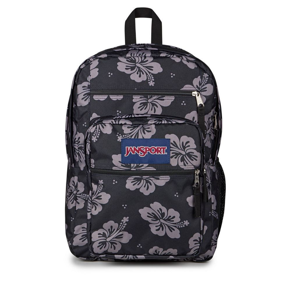 Black floral-patterned JanSport backpack with multiple zippered compartments and a side pocket.