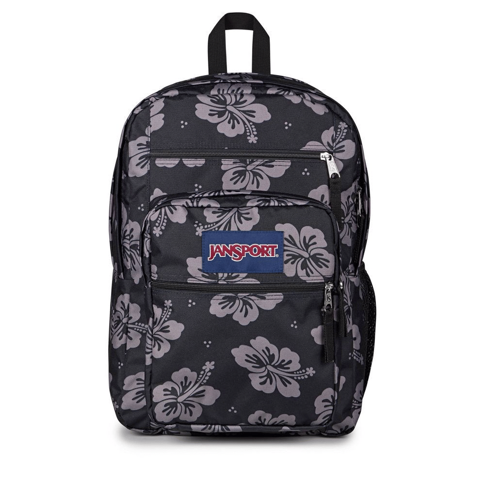 Black floral-patterned JanSport backpack with multiple zippered compartments and a side pocket.