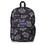 Black floral-patterned JanSport backpack with multiple zippered compartments and a side pocket.