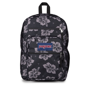 Black floral-patterned JanSport backpack with multiple zippered compartments and a side pocket.
