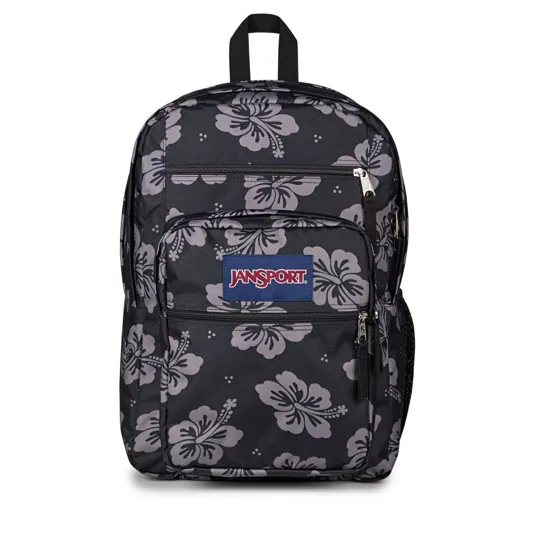 Black floral-patterned JanSport backpack with multiple zippered compartments and a side pocket.