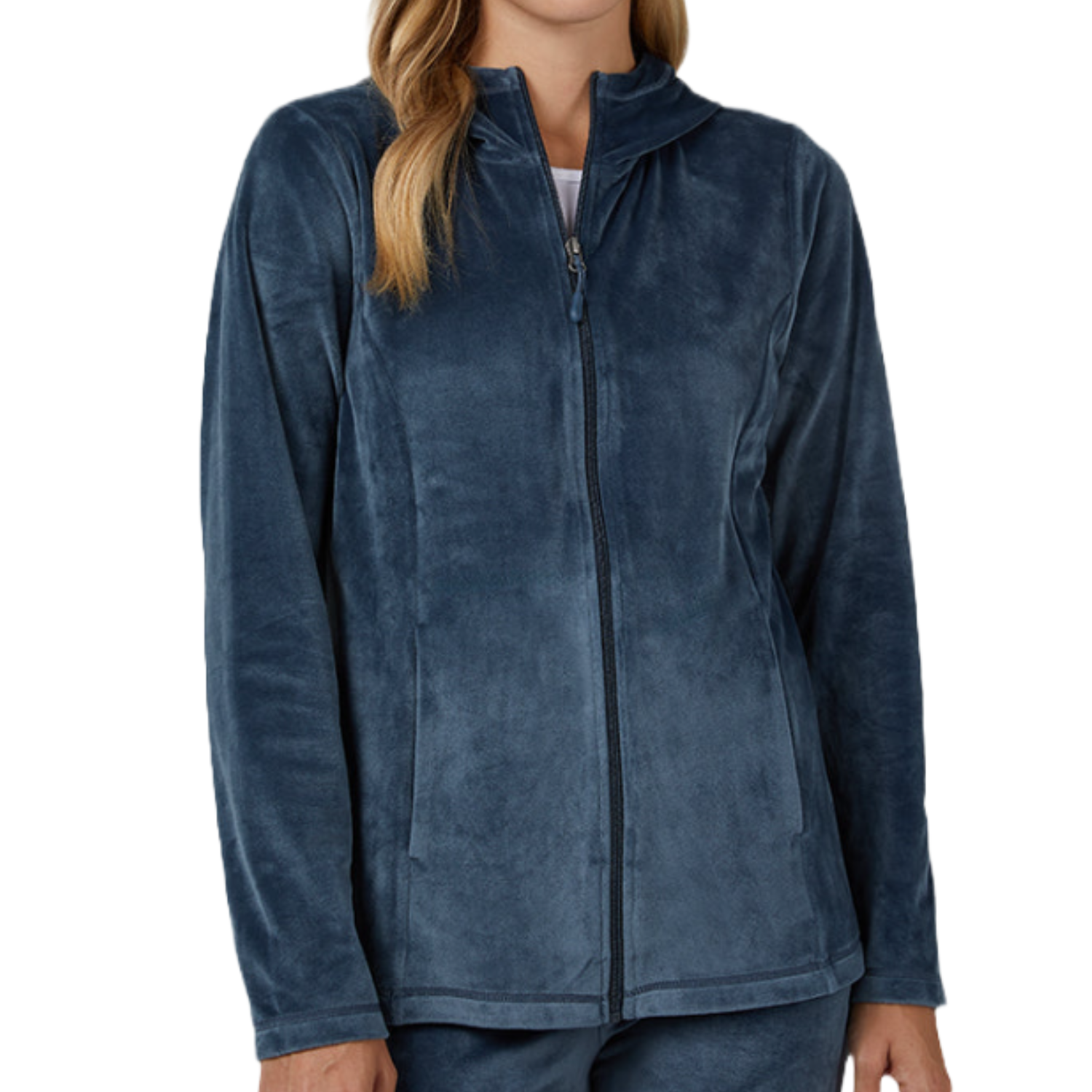 Woman wearing a blue, full-zip fleece jacket with a stand-up collar.